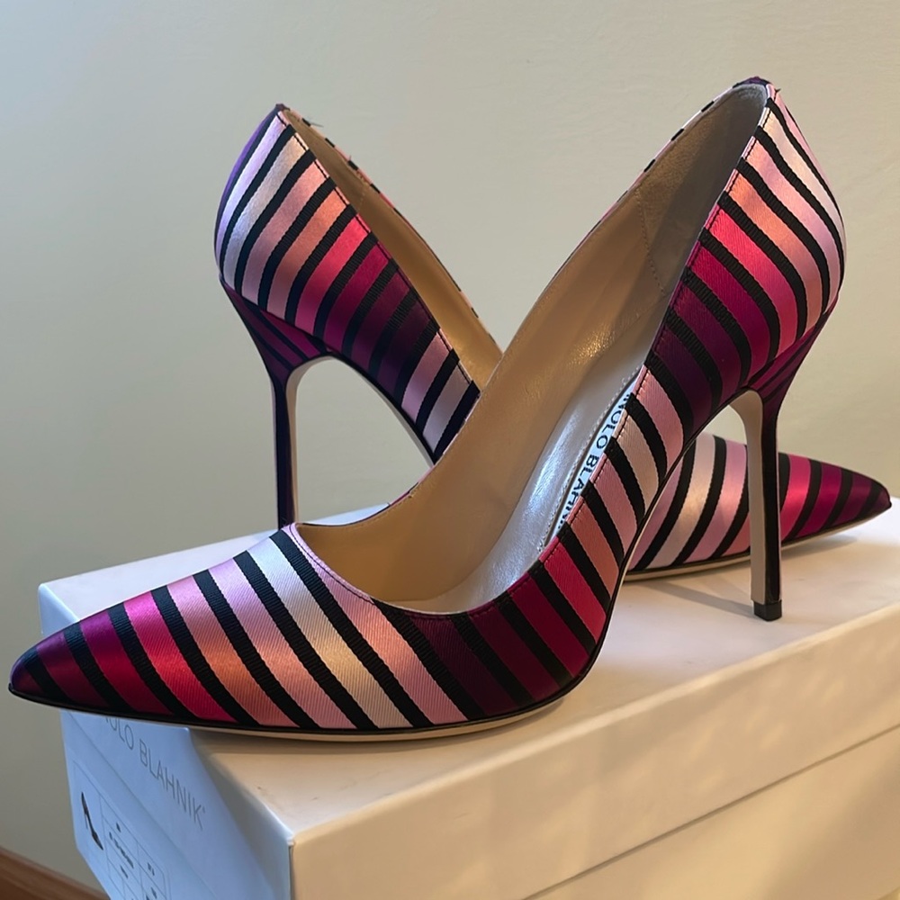 Manolo Blahnik Striped Silk Stiletto Pumps